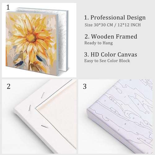 Natuyalo Framed Paint by Numbers Kit for Adults - Sunflower DIY Adult Paint by Number Kits Flowers Acrylic Canvas Painting for Adults Beginners Art Crafts with Frame, 12x12 Inch - color: Color-01