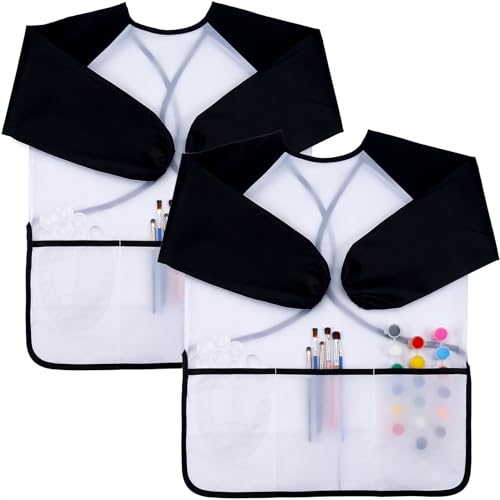 Zkptops 2 Pack Kid Art Smocks Waterproof Kids Painting Aprons Toddler Art Smock Kids Paint Smock with Long Sleeve 3 Roomy Pockets for Age 3-7 Years(White) - color: Y 2 Pack White