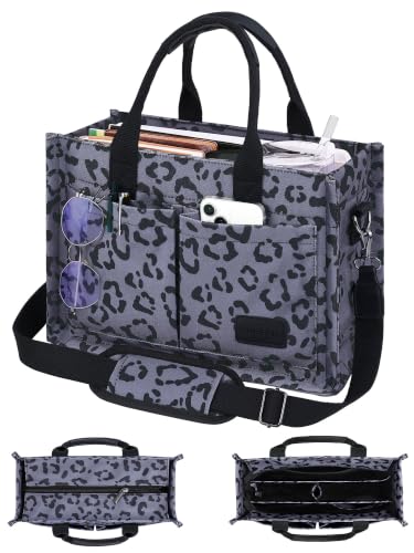 FIORETTO Canvas Tote Bag for Women with Zipper Closure & Individual Compartments for Work College for Teacher & Nurse - color: Leopard Gray, size: X-Large