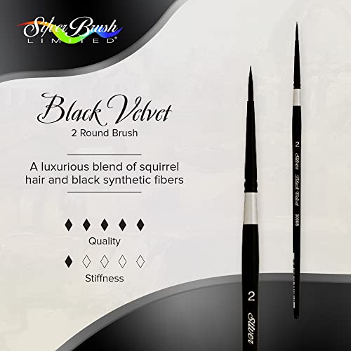 Silver Brush Limited Black Velvet Round Watercolor Paintbrush, Size 2 | Gouache, Inks, Dyes, Short Handle, Pointed Bristle, Soft Synthetic and Squirrel Mix, Superb Paint Absorbency, Smooth Strokes - size: 2