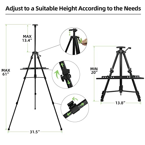 Artist Easel Stand Painting Stand Art Easel, 20" to 61" Art Easel for Painting Canvase & Displaying, Aluminum Adjustable Height Display Tripod with Portable Bag/Folding Keg/Apron.(Black)