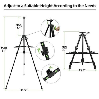 Artist Easel Stand Painting Stand Art Easel, 20" to 61" Art Easel for Painting Canvase & Displaying, Aluminum Adjustable Height Display Tripod with Portable Bag/Folding Keg/Apron.(Black)