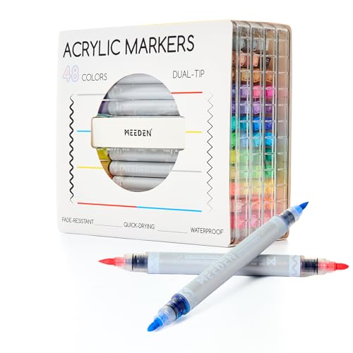 MEEDEN Artist Acrylic Paint Markers: 48 Colors Dual Tips Brush & Round | No-bleed, Waterproof Acrylic Markers with Automatic Ink Control for Adult Coloring, Wood, Canvas, Glass, Rock, DIY, Ceramic - color: 48 Colors