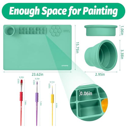 Silicone Painting Mat, 23.6x15.8in Art Drawing Mat with Brushes | For children DIY art watercolor clay use, table protection craft mat, painting station with cup palette cleaning cup, green - color: Green