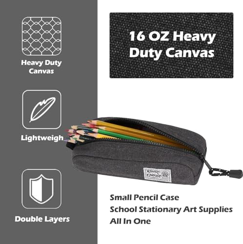 Rough Enough Small Canvas Pencil Case, Stationery Bag for Students | Black, 8"x3"x2.5", YKK Zipper, Detachable Keychain, Name Tag, for School & Office Stationery Use