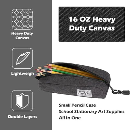 Rough Enough Small Canvas Pencil Case, Stationery Bag for Students | Black, 8"x3"x2.5", YKK Zipper, Detachable Keychain, Name Tag, for School & Office Stationery Use
