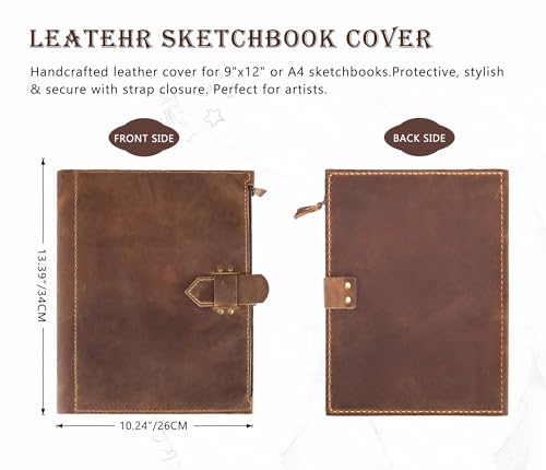 Fasjosma Leather Sketchbook Cover for A4/9"x12" Top Spiral Bound Sketch Pads - Handmade Genuine Leather Artist Case with Pencil Holder & Zipper Pocket, Professional Drawing Supplies(Brown, 9“ x 12 ") - color: Brown, size: 9“ x 12 "