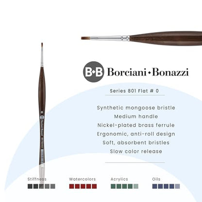 Borciani e Bonazzi Unico Synthetic Mongoose Artist Paint Brush - Series 801 Flat - Size #0 - Watercolors, Oil & Acrylic Paint - Handcrafted in Italy, Anti-Roll Design, Ergonomic Medium Handle - size: 0