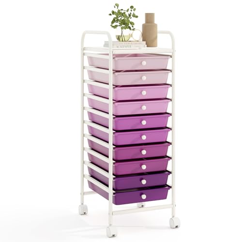 RELAX4LIFE 10 Drawer Rolling Cart - Slim Storage Cart w/Lockable Wheels for Classroom School Teacher Office, Art Supplies Paper Scrapbook Craft Organizers, Utility Cart with Drawers (Gradient Purple) - color: Gradient Purple, size: 34''H