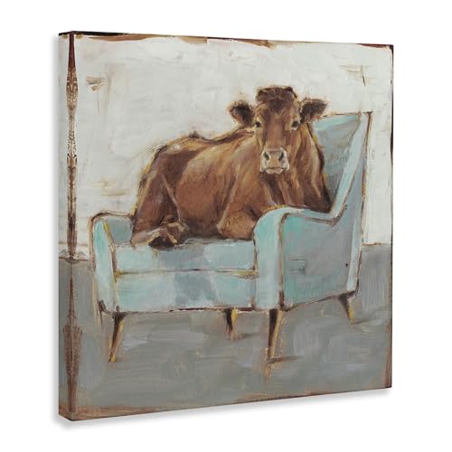 Stupell Industries Brown Bull on a Blue Couch Neutral Color Painting Stretched Canvas Wall Art, 17 x 17, Multi (Pack of 2) - color: Sin marco, size: 17"L x 1.5"W (Pack of 2), style: Gallery Wrapped Canvas