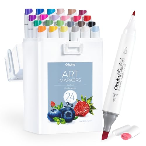 Ohuhu Alcohol Markers Fine& Slim Broad 24 Colors for Adult Beginners Artist | Dual Tips Alcohol-based Refillable Art Marker Set for Architectural Design Illustration Drawing Coloring, Gift Idea, Kaala - color: 24 Basic Colors + 1 Colorless Blender