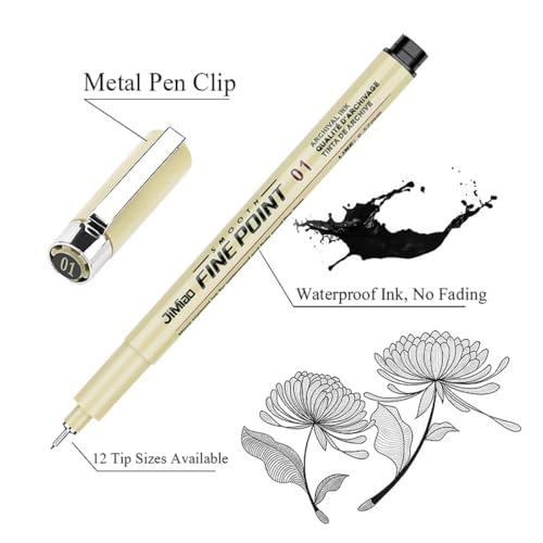 12 Pack Micro Pen Fineliner Ink Pens, Black Fine Point Drawing Pens Waterproof Archival Ink Multiliner Pens for Artist Illustration, Sketching, Technical Drawing, Anime, Manga