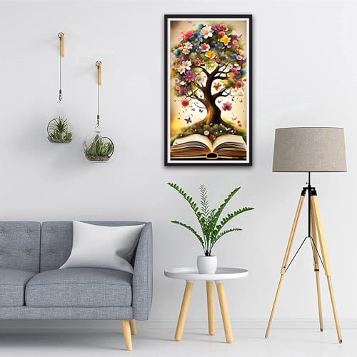 ARTGOTO Book Tree Diamond Painting Kit for Adults 15.7 x 27.5 Inch | Large 5D Full Square Drill Diamond Art Kit, Flower Tree Open Book DIY Gem Art Canvas with 2 Tool Sets, 30% Extra Diamonds - color: AGT008