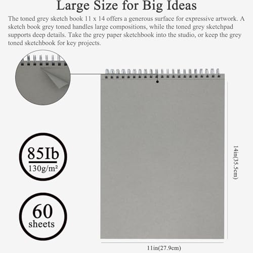 Fuxi Toned Gray Sketchbook 11x14, Large Drawing Pad, 60 Sheets (85lb/130gsm) Spiral Bound, Harcover Artist Sketchbook for Pencil, Charcoal for Artists & Students. - color: Toned Gray, size: 11" x 14" (Pack of 1)
