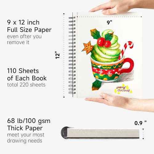 Shuttle Art 9x12” Sketchbook, 220 Sheets Total, Pack of 2(110 Sheets Each), 68lb/100gsm Thick Paper, Spiral Bound Mixedmedia Sketch Pad, Acid-free Drawing Pad for Kids Adults Artists Sketching Drawing - size: 110 Sheets x2