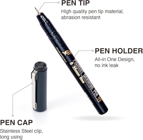 16 Pack Micro Fineliner Drawing Pens - Waterproof Black Ink, Assorted Tip Sizes for Sketching, Manga, Anime, Comic, Art Writing, Journaling & Architectural Design