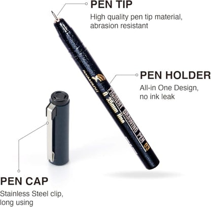 16 Pack Micro Fineliner Drawing Pens - Waterproof Black Ink, Assorted Tip Sizes for Sketching, Manga, Anime, Comic, Art Writing, Journaling & Architectural Design