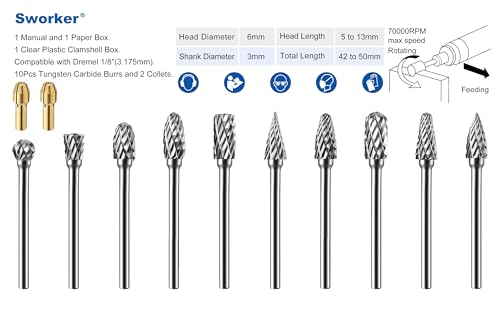 Sworker 10 Pcs Carbide Burr Set 1/8" Shank w/ 2 Collets Compatible with Dremel Bits Rotary Tools Attachment Kit Rasp Drill File Accessories Metal Wood Stone Steel Grinding Carving Cutting Polishing
