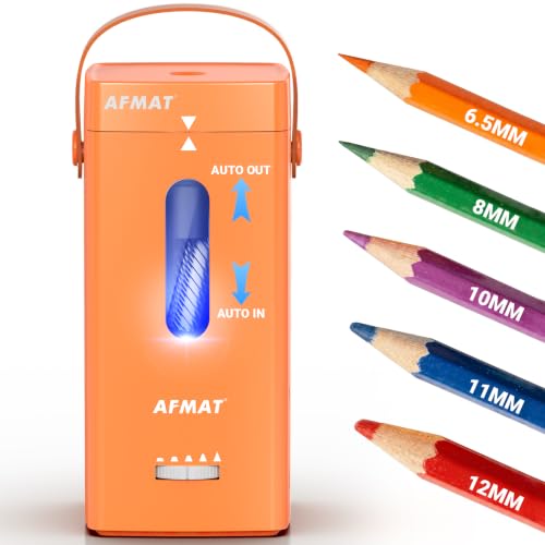 AFMAT Electric Pencil Sharpener, Fully Automatic Pencil Sharpener, Auto in & Out, Rechargeable Hands-Free Sharpeners for Jumbo & Colored Pencils (6.5-12mm), Portable for Home/Classroom/Office PSC6 - color: Orange