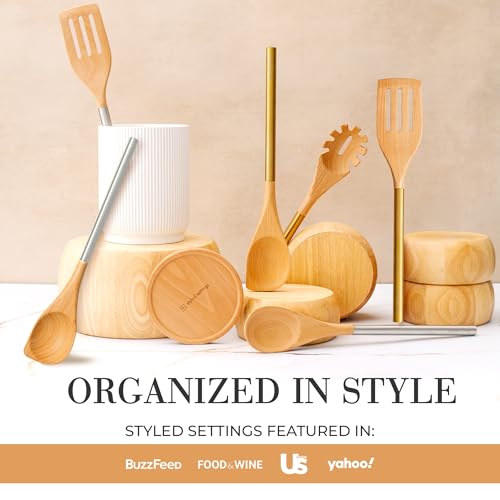 STYLED SETTINGS White Ceramic Utensil Holder with Built-In Wooden Spoon | 2 Piece Set for Kitchen Countertop Organization, Ceramic Utensil Crock & Wood Spoon Rest - color: White and Brown