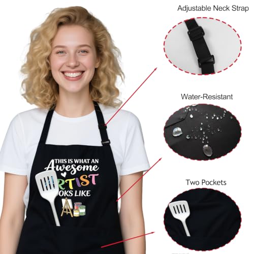 Funny Apron for Women with 2 Pockets, Adjustable Kitchen Apron for Cooking Baking Gifts for Mom Wife Birthday - color: Black-this is What an Awesome Artist Looks Like