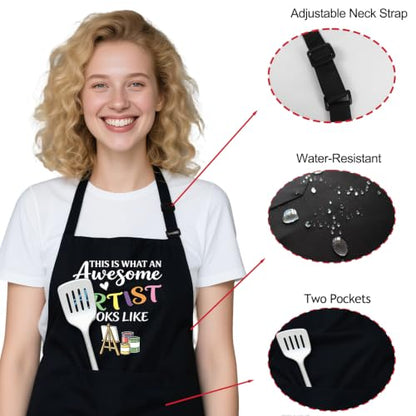 Funny Apron for Women with 2 Pockets, Adjustable Kitchen Apron for Cooking Baking Gifts for Mom Wife Birthday - color: Black-this is What an Awesome Artist Looks Like