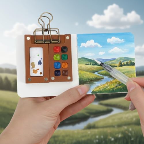 Mini Watercolor Travel Set – New Paint Palette Travel Kit, Upgrade 2026 Portable Pocket Artist Water Colours Box with 8-Grid with Picture Book, Wooden Binder, Brush, Clips, Pens for Painters Students