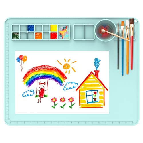 Silicone Painting Mat, 20"X16" Paint Mat with Cup, Siliocne Craft Pad for Clay, Watercolor Painting, Resin, Clay, Paint Pad with Raised Edge (Pale Blue) - color: Pale Blue