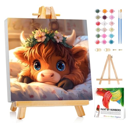 Reivworl Cow Paint by Numbers Kit for Kids with Frame 8×8 inch | Cow Paint by Number for Kids Age 6-8-12, Acrylic Paint by Numbers for Gifts and Decor - color: Style-5, size: 8×8inch