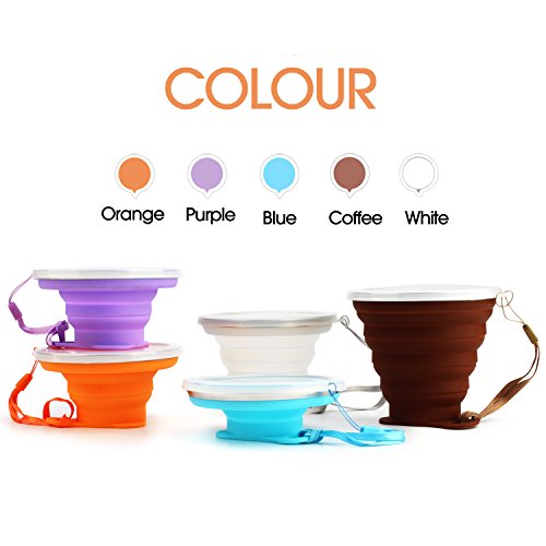 ME.FAN Silicone Collapsible Travel Cup - Silicone Folding Camping Cup with Lids - Expandable Drinking Cup Set - Portable, Graduated [9.22oz] - color: 4 Pack-Orange-Blue-Coffee-Purple