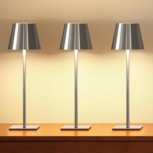 UME 3 Pack Cordless Table Lamp, Battery Operated Lamp - Portable Waterproof Rechargeable Table Lamp w/ 3 Color Temps & Stepless Dimming for Dinner, Desk, Cafe, Outdoor (Brushed Silver) - color: Brushed Silver, size: 3 Pack
