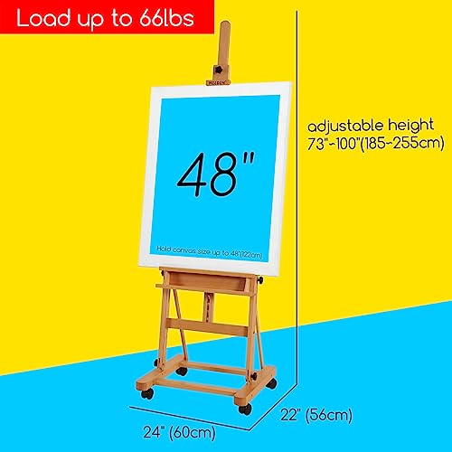 MEEDEN Large Studio H-Frame Beech Wood Artist Easel - Adjustable Movable Tilting Easel, Floor Painting Easel Stand, Holds Canvas Art up to 48" - color: Natural, size: Easel with Wheels