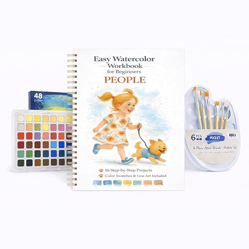 Watercolor Workbook for Beginners – People, 16 Original Watercolor Projects, Watercolor Kit with 48 Colors Paint Set, 6 Brushes & Palette, Watercolor Workbook for Adults,Creative Art Gift - color: People, size: with palette