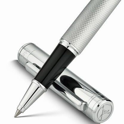 MCNTEIK Silver Rollerball Pen, Stunning Luxury Pen with Mesh Texture Design, Bright Silver Chrome Finish, Schmidt refill, Nice Gift Set for Men & Women, Executive, Office, Graduation, Fancy Pens - color: Silver