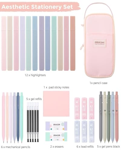 SKYDUE School Supplies Kit, 38 PCS Cute Stationery Set with Large Pencil Case, Pens, Mechanical Pencil Set, Highlighters & Refills, Aesthetic School Supplies for Girls, College, Back to School Pink - color: Pink