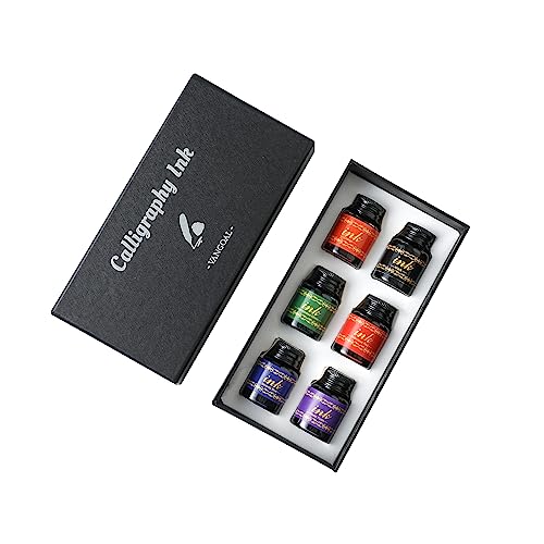 VANGOAL 6 Colors Ink Set, 6 Bottles Writing/Drawing Ink Black,Blue,Purple,Orange,Red Green Ink for Fountain Pen, Glass Pen, Calligraphy Dipping Pen, Feather Pen, Quill Pen, Witch Pen