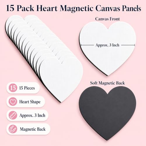 Small Canvases Boards 15 Pack Heart Shape 3 Inch Paintable Fridge Magnets | 15 Pack paintable heart canvases with magnetic backing for classroom crafts, party activities, fridge art, and handmade gifts - style: Heart-15 pcs