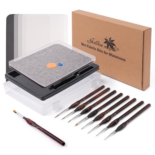 golden maple Wet Pallets for Painting Miniatures - Stay Wet Palette for Acrylic Painting Kit with 9PCS Miniature Paint Brushes, 50PCS Pallet Paper, 2PCS Sponge, 1PC Brush Holder, 1PC Sponge Tray