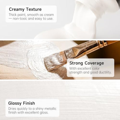 Shuttle Art Metallic Pearl White Acrylic Paint, 8.45 oz (250 ml) Pearlescent Acrylic Paint With Brush, Non Toxic, Non Fading Shimmer White Paint for Crafts, Metal, Wood, Clay, Ceramic, Canvas, Furniture - color: Pearl White, size: 8.45 Fl Oz (Pack of 1)