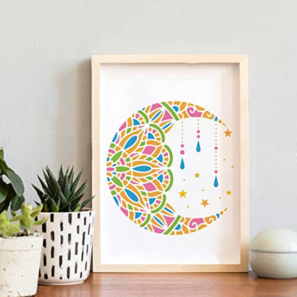 BENECREAT 12x12 Mandala Moon Plastic Stencils, Star Drawing Templates for Wood Wall Painting and Scrapbooking