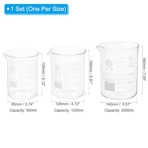PATIKIL 500/1000/2000ml Low Form Glass Beaker, 3Pcs 3.3 Borosilicate Glass Beakers Graduated Measuring Cup with Spout for Lab Experiment, Cooking and Baking, Clear - size: 500/1000/2000ml