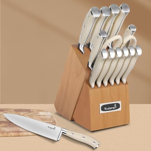 Kuisine Kitchen Chef Knife Block Set,High Carbon Stainless Steel Razor-Sharp Blade Ergonomic Handle,Sharp Knife Set with Built-in Sharpener,Elegant Gift(Irovy-Acacia,15pcs) - color: Pro Acacia Wood, size: 15 pieces