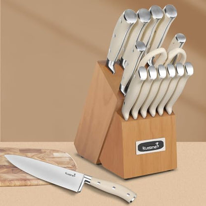 Kuisine Kitchen Chef Knife Block Set,High Carbon Stainless Steel Razor-Sharp Blade Ergonomic Handle,Sharp Knife Set with Built-in Sharpener,Elegant Gift(Irovy-Acacia,15pcs) - color: Pro Acacia Wood, size: 15 pieces