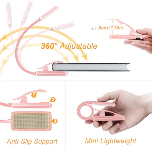 Gritin 9 LED Rechargeable Book Light for Reading in Bed | Eye Caring 3 Color Temps,Stepless Dimming Brightness,80 Hrs Runtime Small Lightweight Clip On Book Reading Light-Pink - color: Pink
