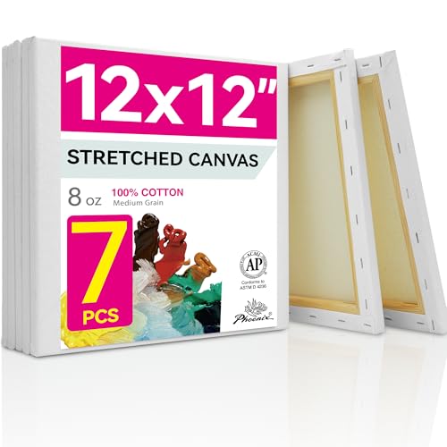 PHOENIX Stretched Canvas for Painting 12x12 Inch/7 Value Pack, 8 Oz Triple Primed 5/8 Inch Profile 100% Cotton White Blank Canvas, Square Framed Canvas for Oil Acrylic & Pouring Art - size: 12"x12", style: Studio Set (8 Oz.)