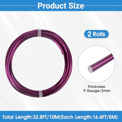 2 Rolls Aluminum Craft Wire, 9 Gauge (3mm) Flexible Metal Wire for Jewelry Making, 32.8 Ft (16.4 Ft/Roll) Bendable Armature Wire for Bonsai, Sculpting and DIY Crafts [Purple] - size: 9Gauge 16.4Ft Each, style: Purple