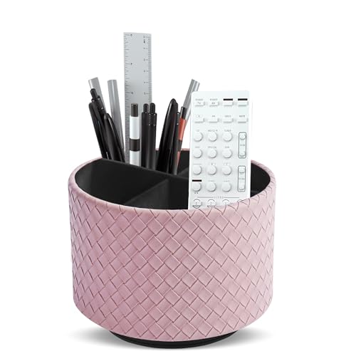Round Leather Art Supply Organizer,Remote Control Holder,360 Degree Spinning,Multi-Functional Pencil Holder,4 Compartments Desktop Stationary Organizer(1-Weave Purple) - color: 1-Weave Purple