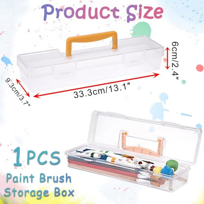 BTSKY 1 Pack Clear Plastic Painting Brush Container with Yellow Handle, Portable Long Paintbrush Case, Drawing Tools Storage Box, Practical Art Supply Organizer for Artist Crafters, 13.1"x3.7"x2.4"