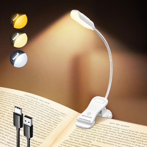 Glocusent Willow Book Light, 10LED, 3 Colors & 3 Brightness, Rechargeable, Lightweight, Clip on, Modern Design, Pure White, ABS Material, USB-C, 80hr Runtime, Ideal for Book Lovers | 3 Colors & 3 Brightness, Rechargeable, 80Hrs, Lightweight, Clip on, Chri