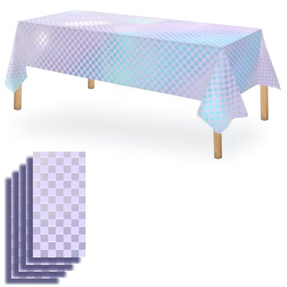 OQOQ Light Purple Checkered Iridescent Tablecloth (4 Packs), 108x 54 Inches Laser Rectangular Plastic Table Cover Disposable Table Cloth Purple Birthday Music Birthday Princess Bachelorette Party - color: Light Purple Checkered